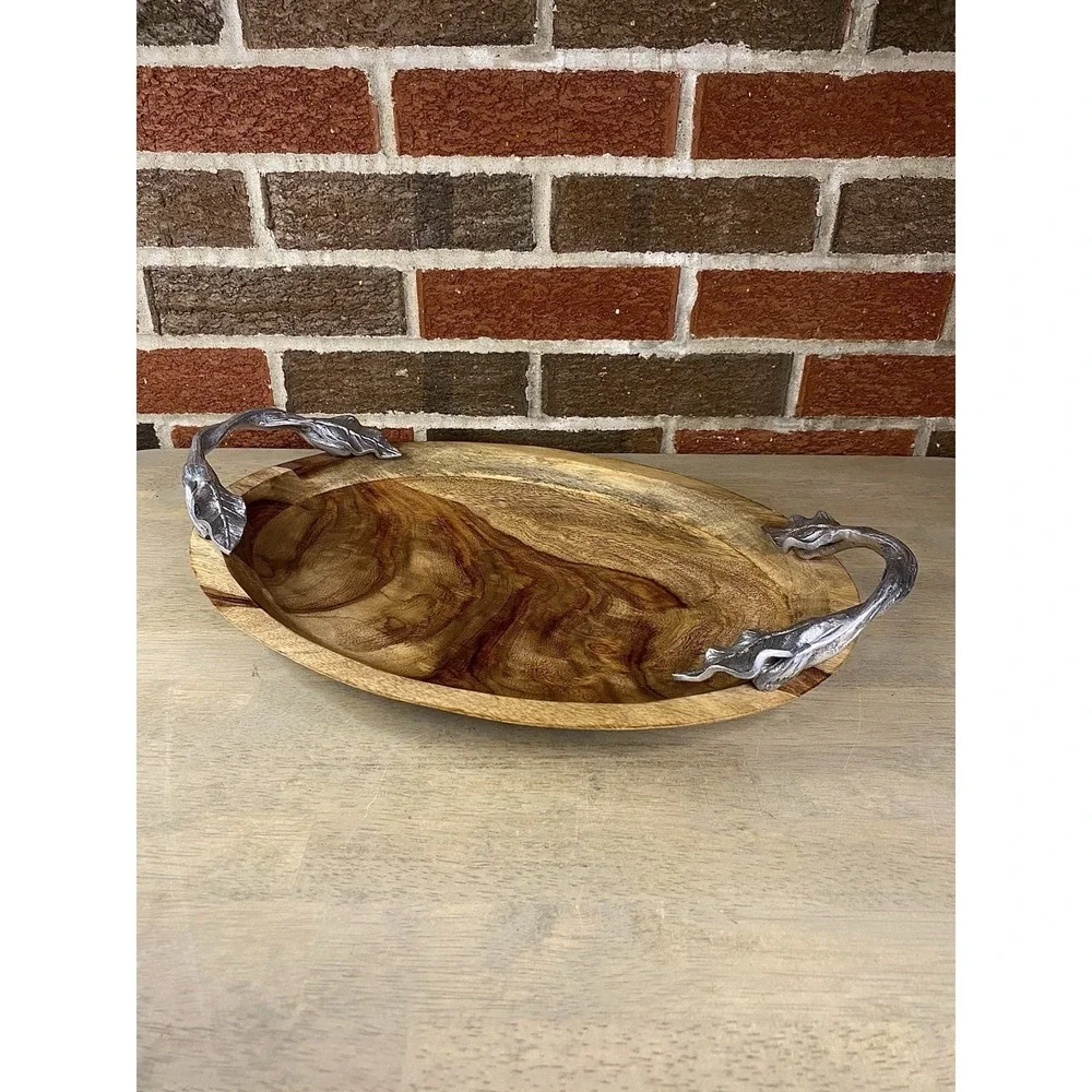 Vintage Pier 1 Wood Oval Serving Tray Pewter Leaf Twig Handle Charcuterie
